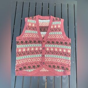 Vintage Floral Wool Button Vest Tulips Ivy Pink Tan Green Small